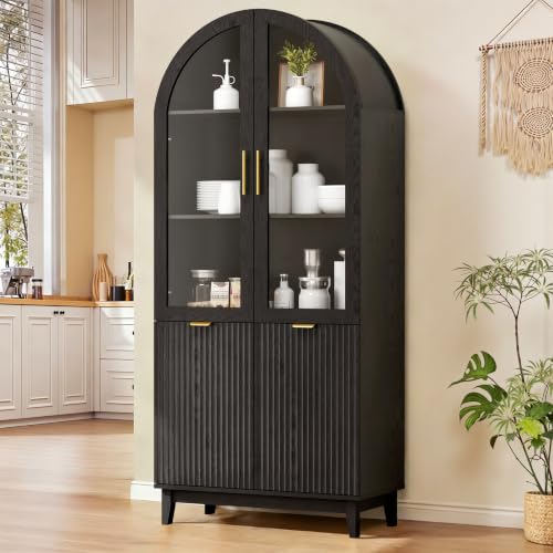 Image of Pamapic 71 inch Tall Arched Cabinet with Glass Doors, Fluted Kitchen Pantry Cabinet, Modern Wood Storage Cabinet with Adjustable Shelves, Curio Display China Cabinet for Dining Room, Living Room(Black)