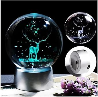 Senon Geyik Kristal Cam Küre Renk Değiştiren LED Işıklı Gece Lambası Dekoratif Hediyelik [Enerji Sınıfı A+++]
