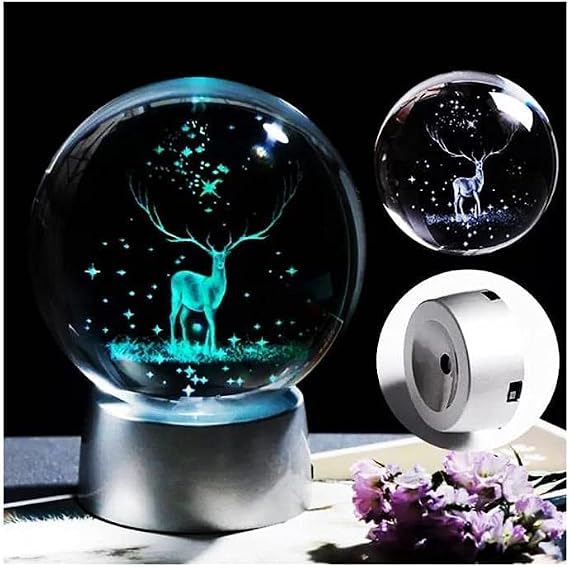 Senon Geyik Kristal Cam Küre Renk Değiştiren LED Işıklı Gece Lambası Dekoratif Hediyelik [Enerji Sınıfı A+++]
