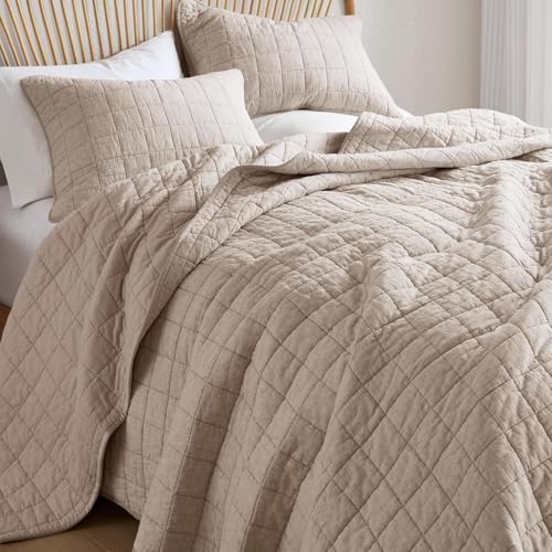 Hyde Lane Linen Quilt Set Queen Size - Breathable Box Stitched European Flax Bedding Set for Bedspread and Coverlet with 2 Pillow Shams 90x96 Linen