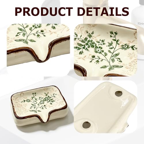 Image of Ceramic Non-Slip Soap Holder with V-Drainage | Elegant Nordic Floral Pattern for Shower, Bathroom & Kitchen Sink - Reduces Waste