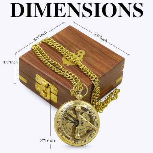 Brújula de latón con sundial y caja de madera, 2 pulgadas miniatura 2