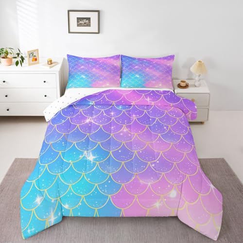 Couette écailles sirène imprimé écailles poissons enfants 3 pièces reine thème océan bleu mauve