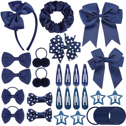 Image of 65Pcs Girls School Navy Hair Accessories Set Girls Navy Blue Headband Hair Clips Hair Bobbles Elastics Bands Ribbon Hair Barrettes Hair accessories for girls Birthday Gift blue
