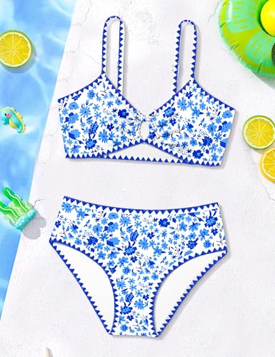 Image of Girls Swimsuit V Neck Bikini Set Color Block with Cover Up 3Pcs Bathing Suits