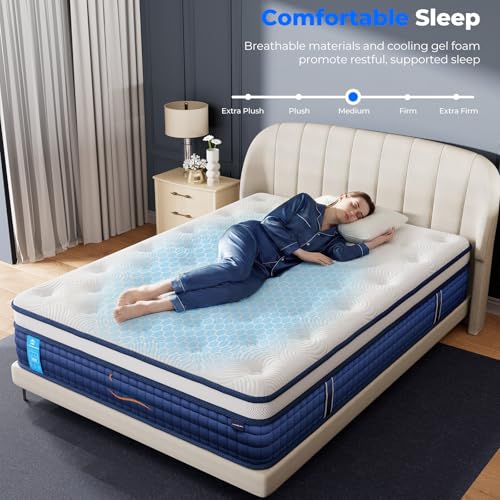 Image of 12 Inch King Size Mattress, Hybrid Mattress in a Box W /Cooling Gel Memory Foam, 7-Zones Pocket Spring, 9 Layer Medium Firm Bed, Motion Isolation, Fiberglass-Free,365-Night Trial, CertiPUR-US