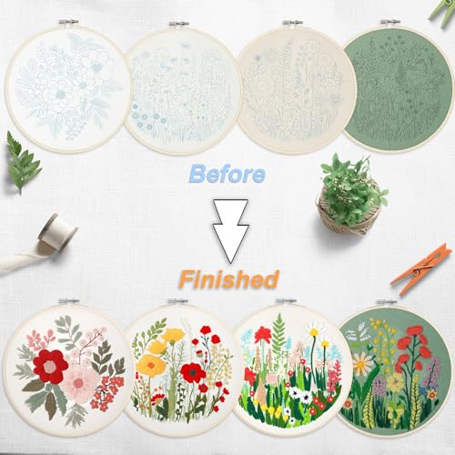 Image of Bonroy Embroidery Kit for Beginners with Instructions,Cross Stitch Kits for Adults with Pattern,Needlepoint Kits for Adult Include Embroidery Cloth Hoops Needles Threads (flowers5)
