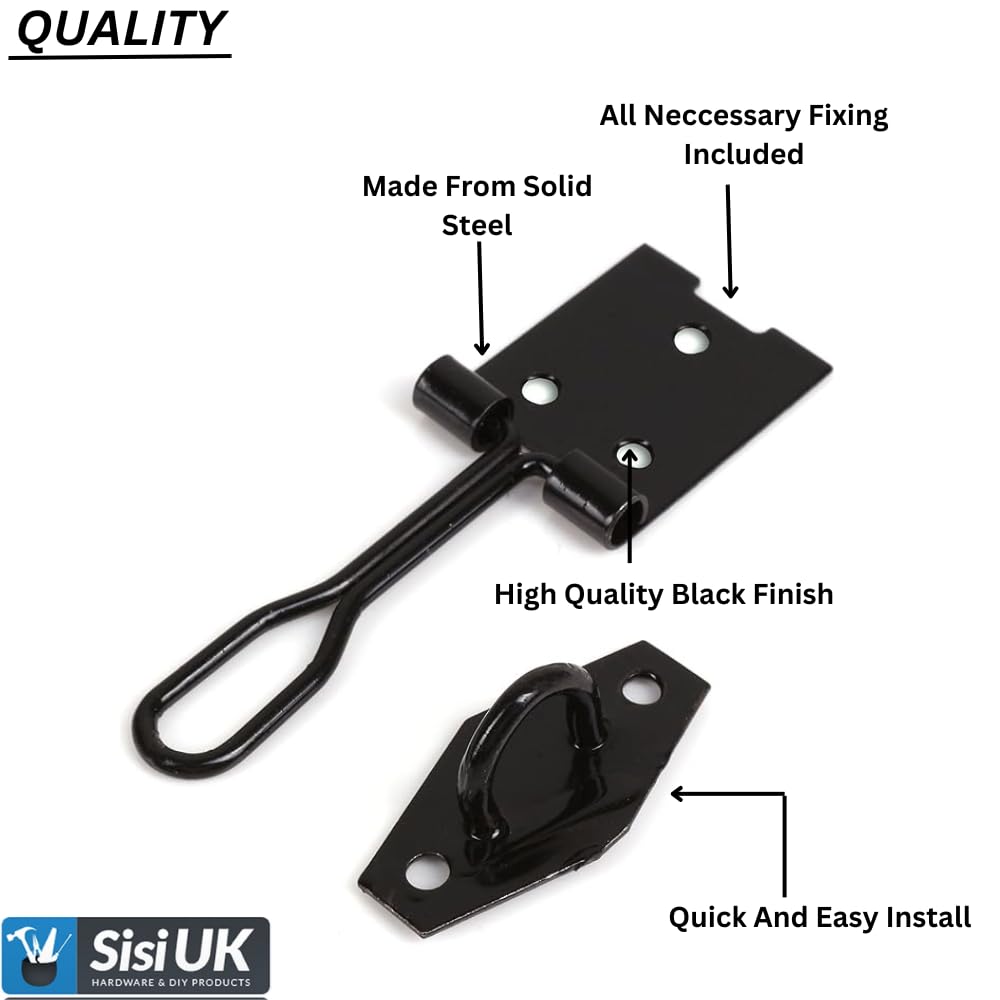 Sisi UK Wire Hasp and Staple 75mm (3inch) Black Heavy Duty Stainless Steel Wire Hasp and Staple Door Latch Lock for Cupboard Hutches Cages Sheds with Fixing Screws Pack of 2 - Image 3