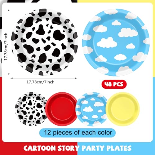 48Pcs Cartoon Story Birthday Party Paper Plates for Toy Inspire Game Story Table Supplies 7\" Cow Print Sky Blue Cloud Disposable Dessert Tableware for Kids Birthday Baby Shower Party Decorations - Thumbnail 3