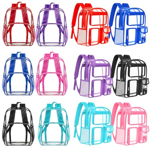 Amylove 12 Pack Clear Backpacks Bulk for School 17 Inch Heavy Duty PVC Clear Bookbags with Pockets for College Stadium Donation (Mixed Colors)