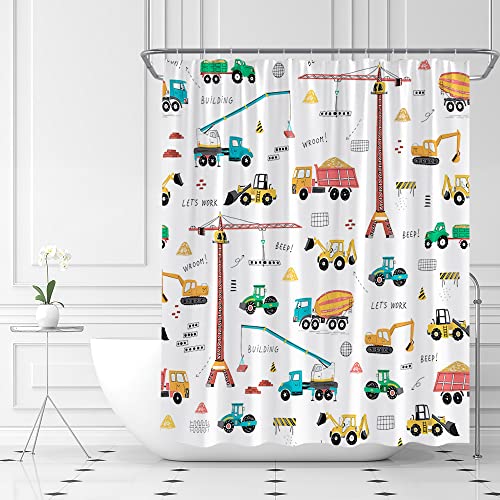 ABONAN Construction Truck Shower Curtain Cartoon Excavator Vehicle Tractor Cars for Boys Machinery Cars for Boys Kids Machinery Navy Blue Fabric Bathroom Curtains Decor Set with Hook(70