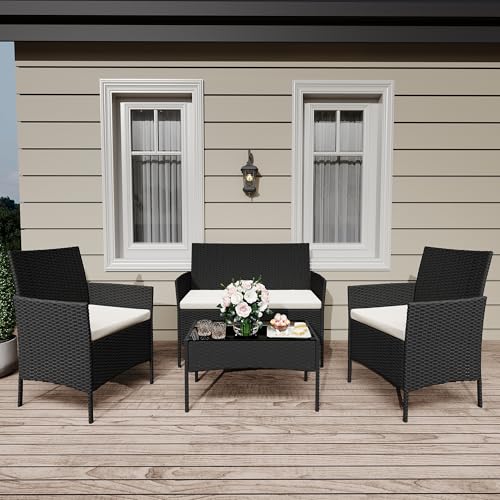 GarveeLife 4-Piece Patio Furniture Set, Rattan Outdoor Furniture with Upholstered Sofa, 2 Chairs & Coffee Table, Modern Conversation Bistro Set for Ga