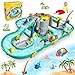 Set DR günstig Kaufen-JONRRYIN Wassertisch Spielzeug, Wassertisch Kinder Draußen Spielzeug, Strandspielzeug Wasserbahn Set Wasserpark Spielset mit 2 Booten und Angelfunktion, Sommer Wasserspielzeug für Kinder 3+ Jahr