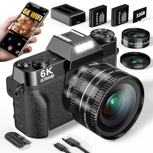 6K Digital Camera for Photography, 64MP Vlogging Camera for YouTube with 3" 180° Flip Screen, 16X Zoom Autofocus Compact Travel Beauty Cameras for Teens, with 32GB Micro SD Card