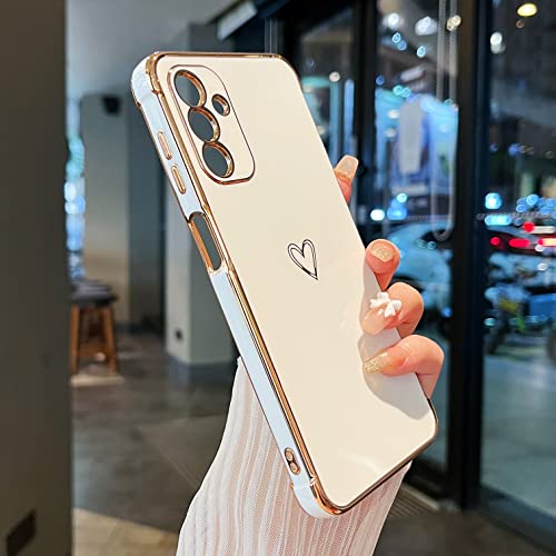 ZTOFERA Compatible with Samsung Galaxy A14 5G Case for Girls Women, Flexible Soft Silicone Protective Phone Case with Cute Love Heart Pattern Golden Edging Shockproof Bumper Cover, White