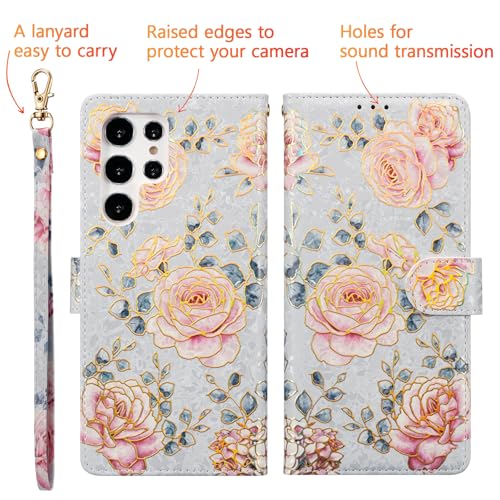 UEEBAI Wallet Case for Samsung Galaxy S26 Ultra, PU Leather Phone Cover Kickstand RFID Blocking Flip Case Card Slots Wrist Strap Relief Engraved Pattern Magnetic Closure Flower Wallet, Purple Rose by UEEBAI - Used condition - Image 5