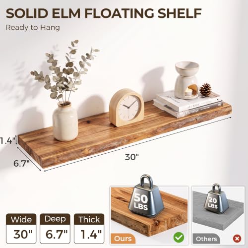 Image of Live Edge Elm Floating Shelves - 30 In Rustic Solid Wood Shelves with Heavy-Duty Invisible Bracket, Wall-Mounted Wooden Shelf for Living Room, Bathroom, Kitchen Storage & Display, Set of 2, Natural