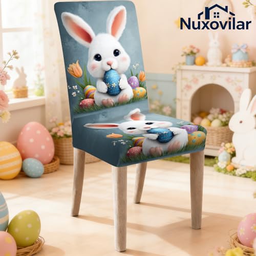 Image of Nuxovilar 6PCS Cute Bunny Pattern Milk Silk Dining Chair Covers | Stretch Slipcover Furniture Protector Bunny Wrap Seat Guard Dining Room Family Gathering Kitchen (Bunny Pattern)
