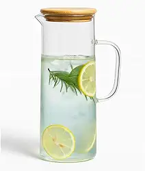 Jarra de Vidro 1,2L com Tampa de Bambu – Design Elegante e Minimalista, Resistente a Calor, Ideal para Água, Suco, Chá, Drinks e Decoração de Mesa KOALAECOM®