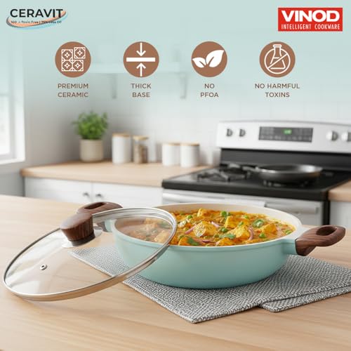 Image of Vinod Ceravit Ceramic Non Stick Deep Kadai with Glass Lid - 24 cm, 2.4 Litre | Healthy & Safe Cookware for Everyday Cooking | PFAS & PFOA Free | Metal Spoon Friendly | Gas & Induction Compatible