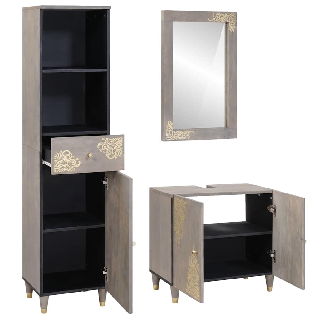 Set Mobili da Bagno 3 Pezzi in Legno Massello di Mango Grigio | Set con mobile sottolavabo, specchio e colonna per ottimizzare lo spazio nel bagno con un elegante tocco rustico.