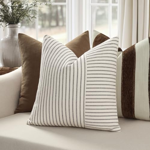 YCOLL Farmhouse Pillow Covers 16x16, Modern Accent Square Throw Pillow Covers Set of 2, Black and Beige Striped Patchwork Linen Decorative Pillows Cushion Covers for Couch Chair Bedroom Home Decor by YCOLL - Used condition - Image 2