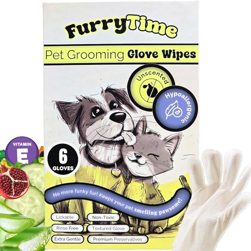 FURRYTIME Pet Cleaning Glove Wipes for Dogs & Cats, 6 Gloves, Hypoallergenic Pet Wipes Disposable No-Rinse Grooming, Extra Thick Bathing Wipes, Pet Dry Cleaning Paws, Coat, Ears, Eye Area, Butt