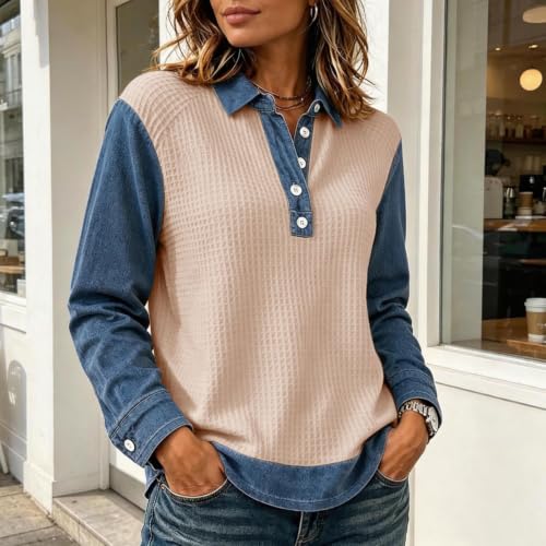 Waffle Tops for Women Denim Patchwork Collared Button Comfy Pullover Tops - image 4