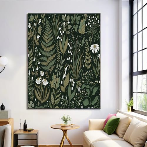 Cuadros decoracion salon de flores y helechos, pintura vintage verde oscuro para dormitorio