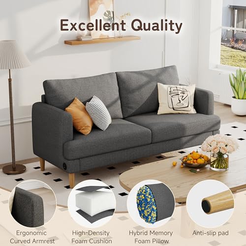Image of 70 inch Modern Loveseat Sofa with USB Type-C Ports, Linen Fabric 2-Seater Deep Seat Couch, Cozy Small Couch Sofa for Living Room Bedroom Office Apartment (Dark Grey)