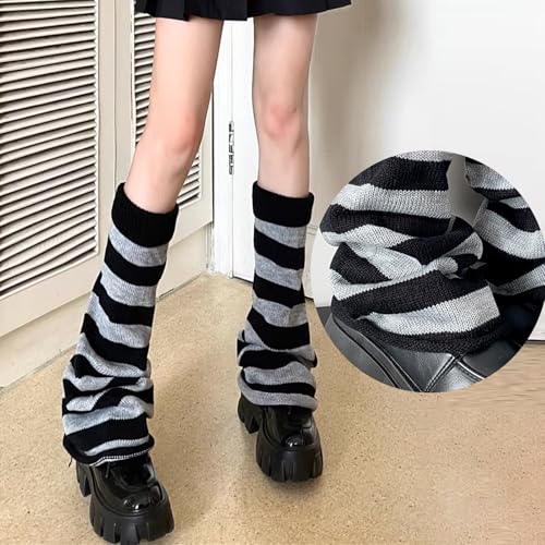 Y2K Kawaii Leg Warmers, Women's & Girls' Striped Knit Socks, One Size Fits Most, Black & Gray Stripes Flared, Casual3