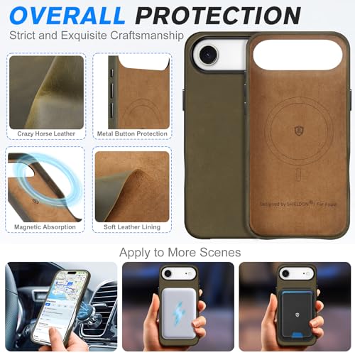 Image of SHIELDON Genuine Leather Case for iPhone Air 6.5 inch 2025, Crazy Horse Khaki