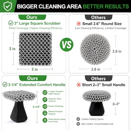 Image of TOPULORS Long Handled Chainmail Cast Iron Scrubber & 2 Scrapers, Dark Black
