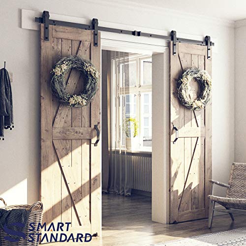 Smartstandard 8Ft Double Sliding Barn Door Hardware Whole Kit (Include 8Ft Double Track Kit & Pull Handle Set & Floor Guide), Smoothly And Quietly, Easy To Install, Fit 24" Wide Door Panel (J Shape) #TOP1