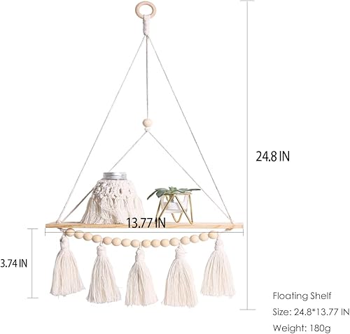 Miniatura 2 de Artilady Estante colgante de pared de macramé, paquete de 2 estantes de madera, decoración bohemia con borlas y cuentas de madera, estantes