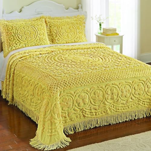 1 Piece Elegant 100% Cotton Tufted Chenille Bedspread Twin Size intricated Texture Fringe Borders | All Seasons Lemon Yellow Color Western Bedding Aesthetic Look Soft Plush Cozy Feel