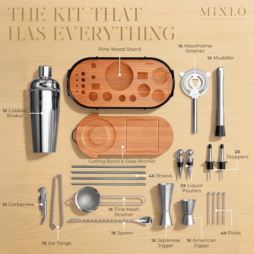 MIXLO HOME Mixology Bartender Kit - 22Pcs Bar Set Cocktail Shaker Set w Brown Bar Cart Accessories Stand - Shakers Bartending Silver Tools, 24oz Shaker, 17 Recipe Cards, Martini Barware - Thumbnail 3