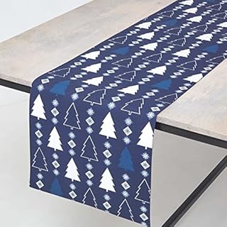 HOMESCAPES Blue Christmas Table Runner 35 x 180 cm Long 100% Cotton Winterland Christmas Tree Pattern Xmas Runner