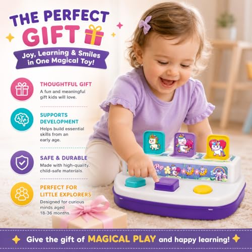 Image of Toymate Press n Pop Unicorn Toy for 18-36 Months | Interactive Pop Up Toy with 6 Unicorn Plates & 3 Balls | Sensory Learning, Fine Motor Skills Toddler
