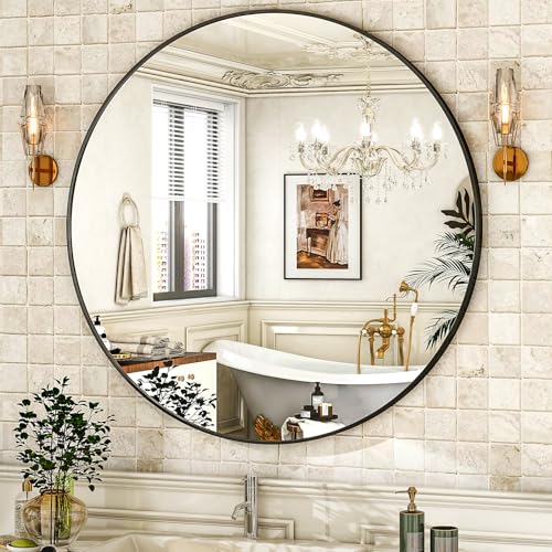 HARRITPURE Round Mirror 30 Black Wall Mounted Circle Mirrors Vanity Mirror with Brushed Aluminum Alloy Frame Modern Decoration for Bathroom, Living Room, Vanity, Bedroom, Entryway - Image 3