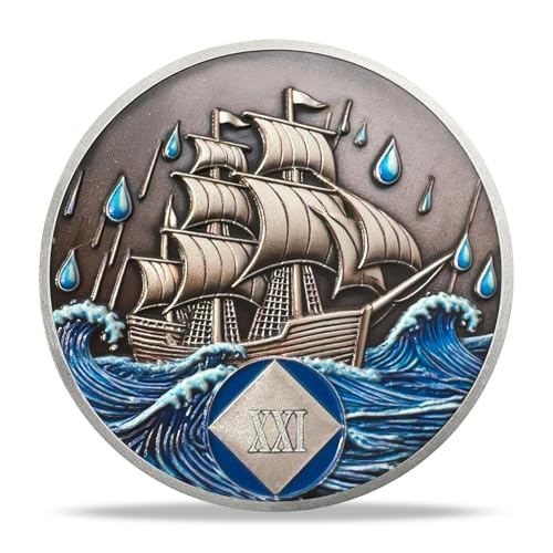 Image of NA Sobriety Coin - NA Medallions with Sailing Ship and Ocean Sobriety Chips NA Coins - Ideal Narcotics Anonymous Gifts for Men ＆ Women Celebrating Recovery and Living Clean (21 Year)