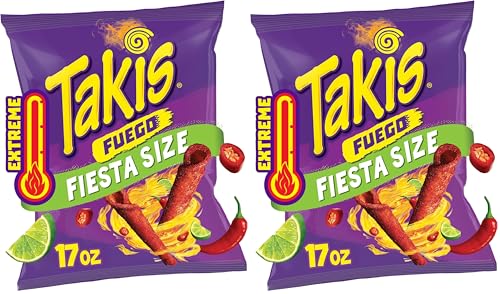 Takis Fuego 17 oz Fiesta Size Bag, Hot Chili Pepper & Lime Flavored Extreme Spicy Rolled Tortilla Chips (Pack of 2)
