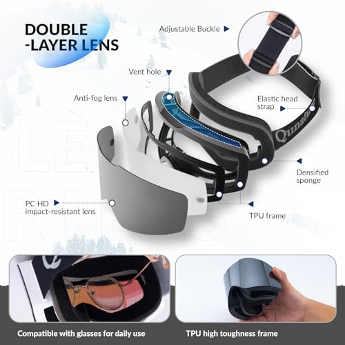 Qunature Frameless Ski Goggles OTG UV400 Protection Anti-Fog Mirrored Snowboard Goggles for Men Women Ski Glasses - Image 2