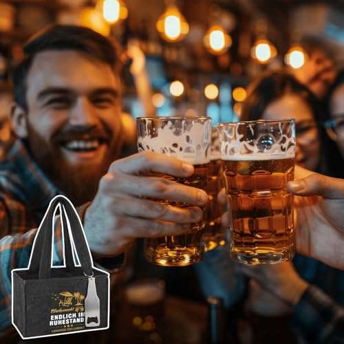 WenmthG Witzige Ruhestand Geschenk Männerhandtasche Bier mit Flaschenöffner und Grußkarten für Männer Mann Frauen Freund Kollegen Biertasche aus Hochwertigem Filz Flaschenträger für 6 Bierflaschen