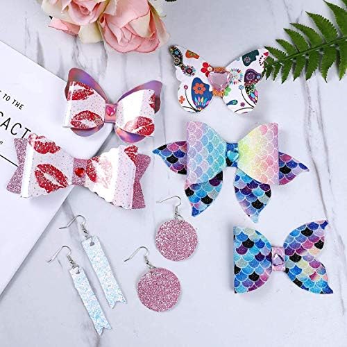 Leather Bow Earring Making Kit Include 6 Kinds Faux Leather Sheets Hair Clips Scissor Bow and Earring Template Hot Melt Glue Gun with Glue Stick Hair Ties Earring Backs and Hooks Diamond Stickers