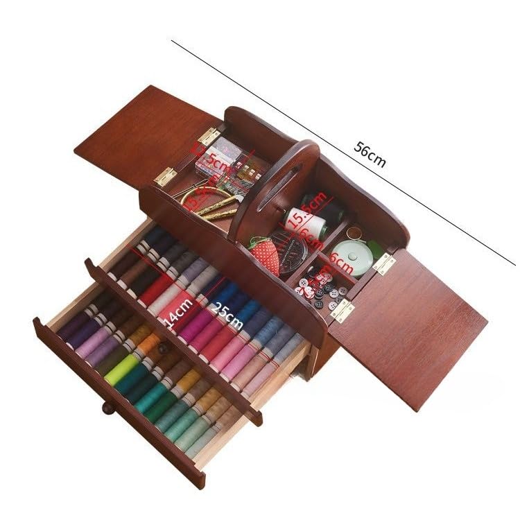 Costurero de Madera con Compartimentos, 30 x 18 x 17,5 cm, portátil, con Acabado de Madera, Ideal para organizar Manualidades y sastrería.