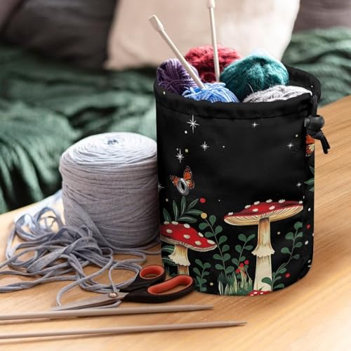 Image of Sellikakes Mushroom Butterfly Yarn Storage Organizer - Yarn Bag and Crochet Tote, Yarn Holder for Crocheting, Crochet Accessories, Needles with Drawstring Closure-Ideal Gift