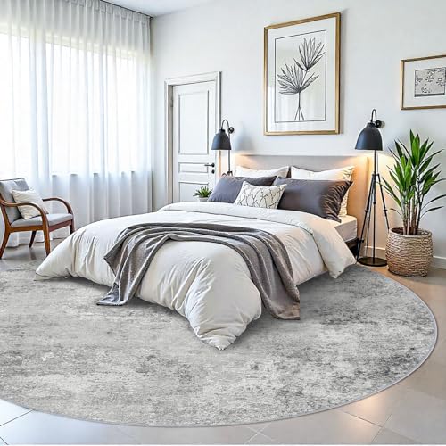 RUUGME Washable 9ft Round Rug - Abstract Rugs for Living Room Large Area Rugs Modern Stain Resistant Indoor Mat for Bedroom Dining Room Non Slip Rubber Backing Thin Super Soft Room Decor 9ft Grey