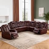 Home Theater Power Reclining Sectional Sofa with LED Lights – Luxury Leather L-Shaped Recliner Seating with Console, Cup Holders & Storage for Movie Night, Game Day & Family Living Room(Brown)