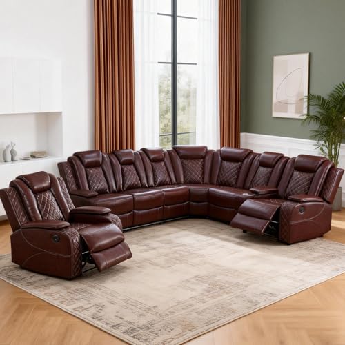 Home Theater Power Reclining Sectional Sofa with LED Lights – Luxury Leather L-Shaped Recliner Seating with Console, Cup Holders & Storage for Movie Night, Game Day & Family Living Room(Brown)